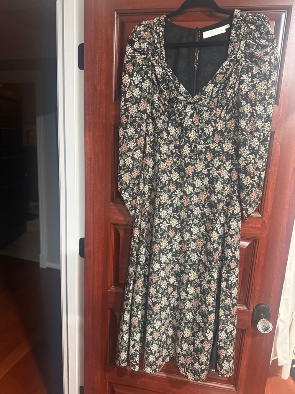 Astr Black Floral V-Neck Midi Dress with Puff Sleeves